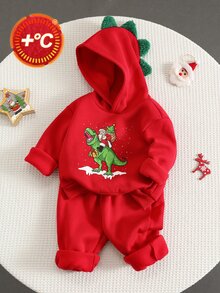 SHEIN 男嬰秋冬保暖內裡加厚聖誕紅卡通恐龍圖案拼色連帽長袖套頭運動衫與彈性腰長褲2件套 - 紅色 - 查看 6