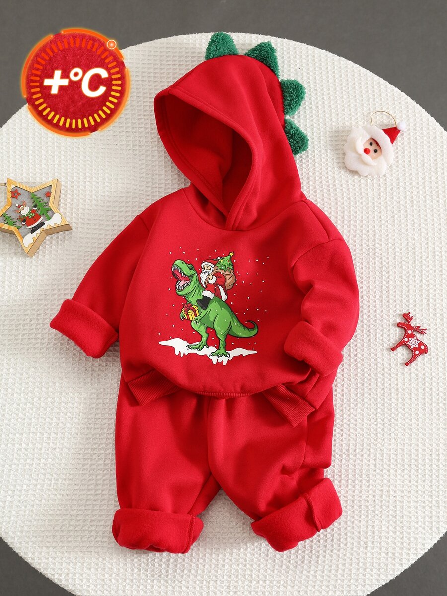 SHEIN Baby Boy Autumn/Winter Thermal Lined Thickened Christmas Red Cartoon Dinosaur Pattern Colorblock Hooded Long Sleeve Pullover Sweatshirt And Elastic Waist Long Pants 2 Pieces Set - Red - View 1