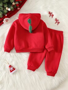 SHEIN 男嬰秋冬保暖內裡加厚聖誕紅卡通恐龍圖案拼色連帽長袖套頭運動衫與彈性腰長褲2件套 - 紅色 - 查看 2