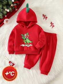 SHEIN 男嬰秋冬保暖內裡加厚聖誕紅卡通恐龍圖案拼色連帽長袖套頭運動衫與彈性腰長褲2件套 - 紅色 - 查看 3