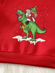 SHEIN 男嬰秋冬保暖內裡加厚聖誕紅卡通恐龍圖案拼色連帽長袖套頭運動衫與彈性腰長褲2件套 - 紅色 - 查看 5