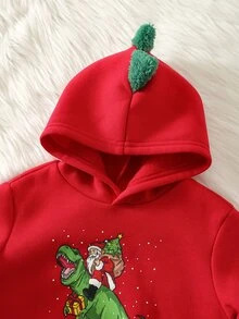 SHEIN 男嬰秋冬保暖內裡加厚聖誕紅卡通恐龍圖案拼色連帽長袖套頭運動衫與彈性腰長褲2件套 - 紅色 - 查看 4