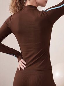 Easithlete Contrast Color Striped Slim Fit Sports Jacket - Coffee Brown - View 2