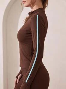 Easithlete Contrast Color Striped Slim Fit Sports Jacket - Coffee Brown - View 3
