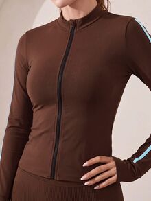 Easithlete Contrast Color Striped Slim Fit Sports Jacket - Coffee Brown - View 7