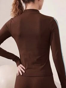 Easithlete Contrast Color Striped Slim Fit Sports Jacket - Coffee Brown - View 6