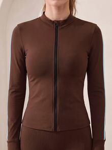 Easithlete Contrast Color Striped Slim Fit Sports Jacket - Coffee Brown - View 9