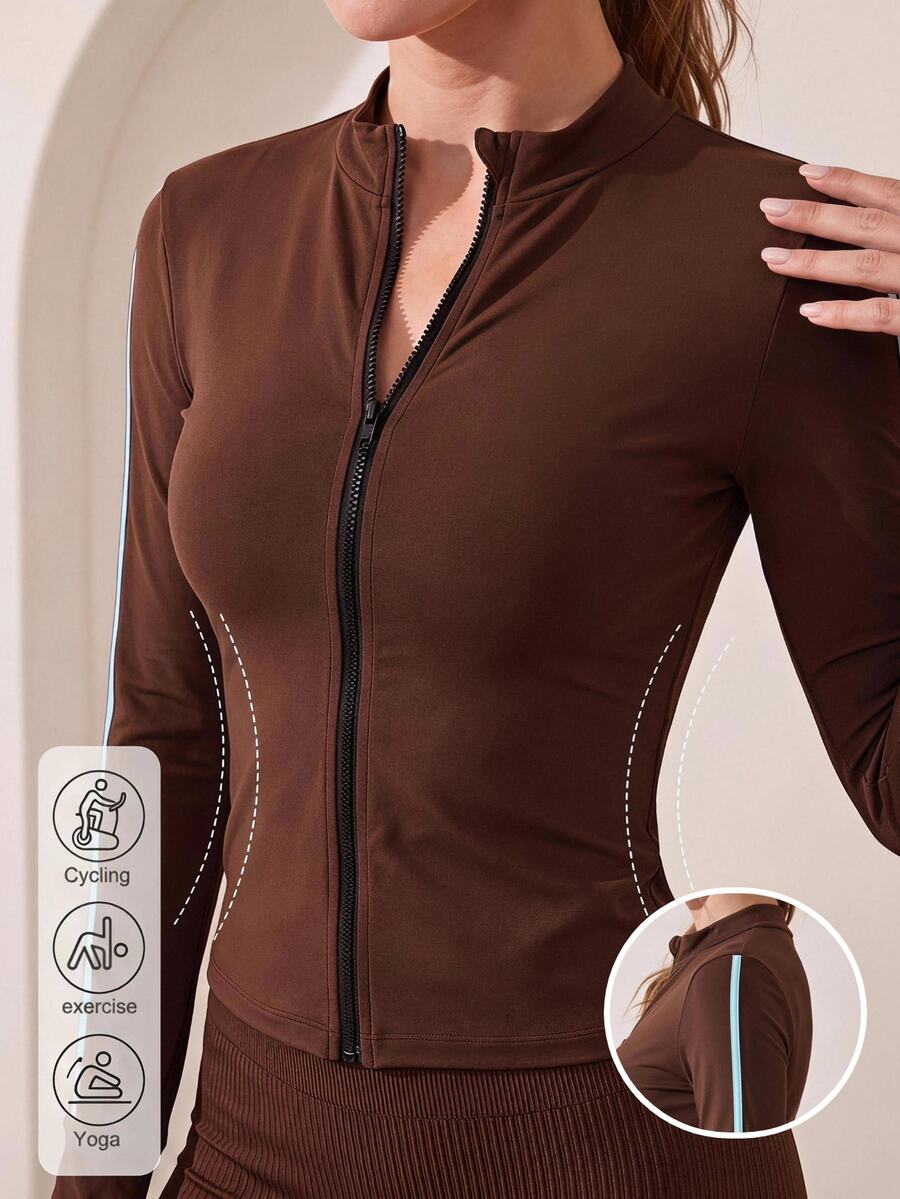 Easithlete Contrast Color Striped Slim Fit Sports Jacket - Coffee Brown - View 1