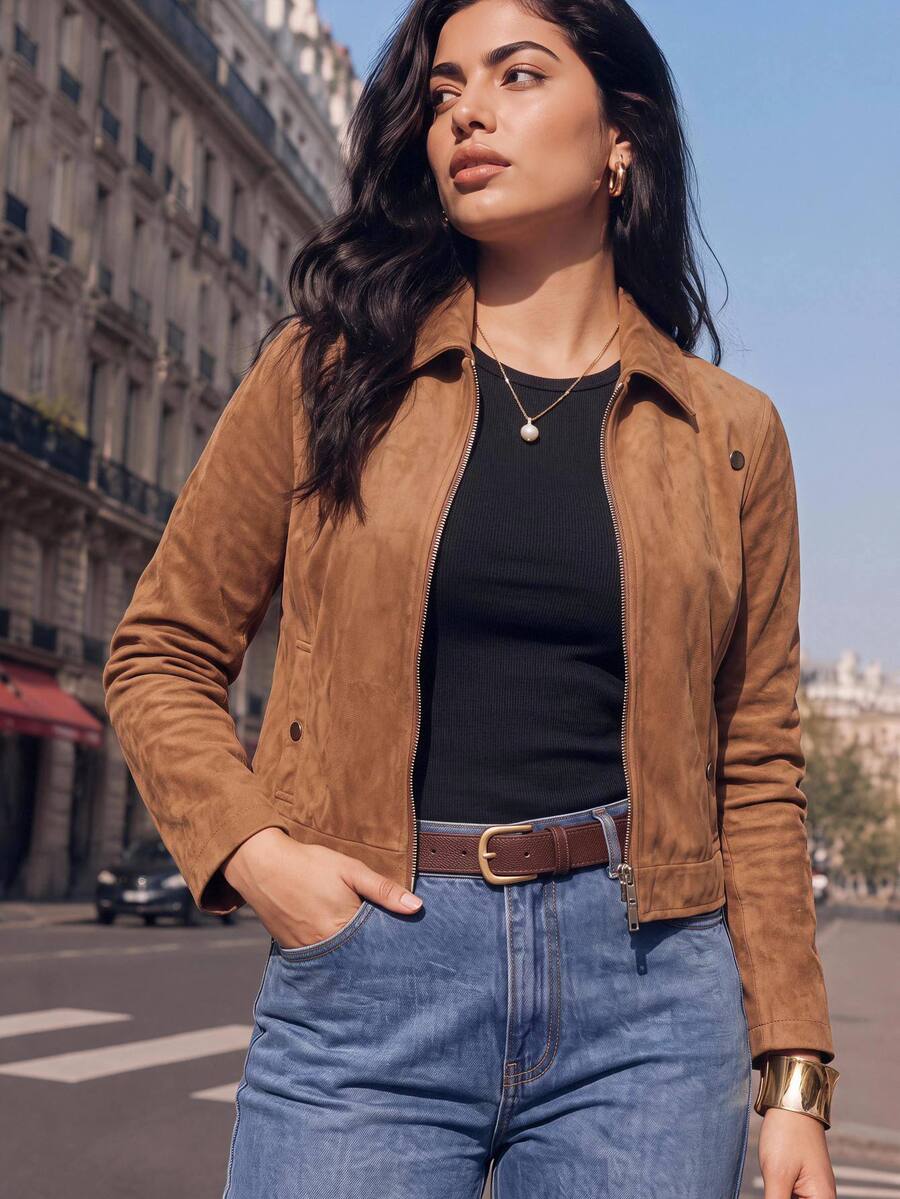 Juhart Jaket Musim Dingin Lengan Panjang Berkerah dengan Kancing Resleting Logam Ukuran Plus - Coklat - View 1