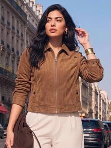 Juhart Jaket Musim Dingin Lengan Panjang Berkerah dengan Kancing Resleting Logam Ukuran Plus - Coklat - View 4