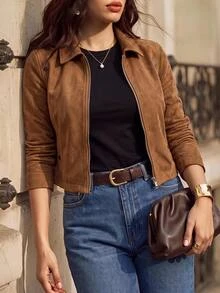 Juhart Jaket Musim Dingin Lengan Panjang Berkerah dengan Kancing Resleting Logam Ukuran Plus - Coklat - View 5