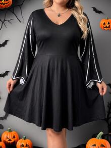 SHEIN CURVE+ Plus Size Women's Halloween Pattern Dress Fall - Black - View 3