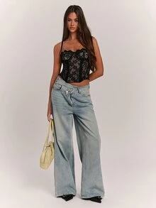 SHEIN BAE 秋冬性感蕾絲透視吊帶上衣，派對女裝，約會、日常通勤，可愛束腰上衣，性感夜店上衣，抹胸上衣，萬聖節外出穿搭 - 黑色 - 查看 5