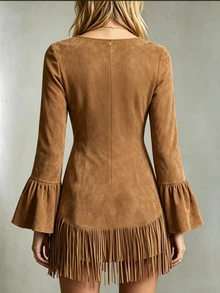 LUMIGAL Gaun Mini Wanita Kasual Liburan Motif Bunga dengan Rumbai di Bagian Bawah - Coklat - View 2
