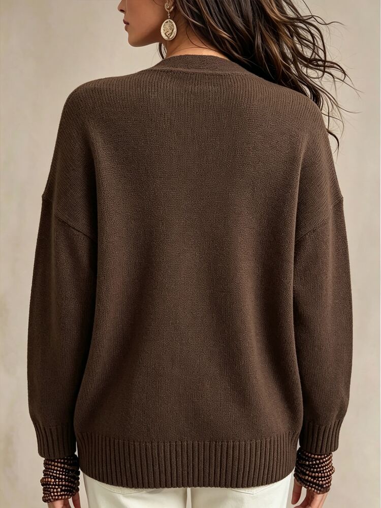 SHEIN Women Casual Renaissance Cardigans Everyday Travel Coffee Brown Autumn - Coffee Brown - View 2