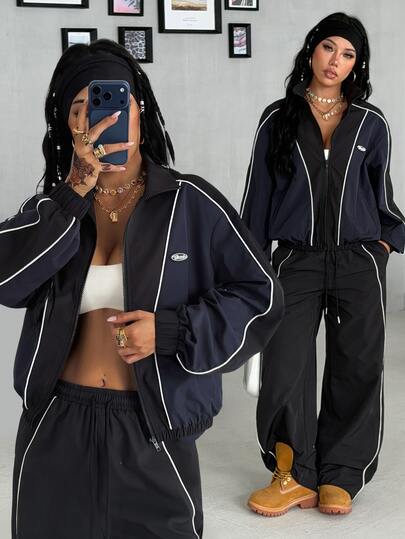 Coolane Women's Autumn/Winter Street Casual Daily Wear Going Out Sport Colorblock Mock Neck Loose Fit Run Long Sleeve Windbreaker Jacket