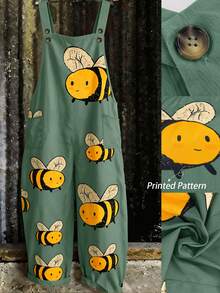 SHEIN Đồ liền quần yếm size lớn phong cách đơn giản thường ngày đa năng họa tiết ong - màu xanh lá - Xem 1