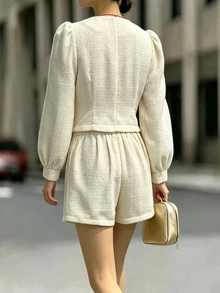 SHEIN Elegant French Commute Brunch Solid Color Lantern Sleeve Jacket Shorts 2 Pieces Set Cream White Fall - Beige - View 3