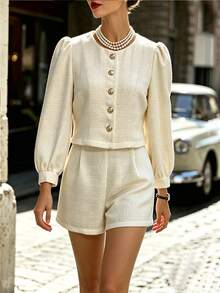 SHEIN Elegant French Commute Brunch Solid Color Lantern Sleeve Jacket Shorts 2 Pieces Set Cream White Fall - Beige - View 8