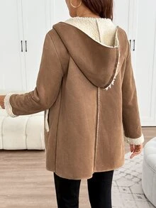 SHEIN Maternity Zipper Placket Hooded Casual 3-In-1 Jacket,Autumn And Winter Fall - Khaki - View 5