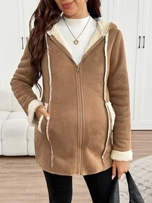 SHEIN Maternity Zipper Placket Hooded Casual 3-In-1 Jacket,Autumn And Winter Fall - Khaki - View 4