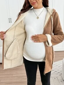 SHEIN Maternity Zipper Placket Hooded Casual 3-In-1 Jacket,Autumn And Winter Fall - Khaki - View 7