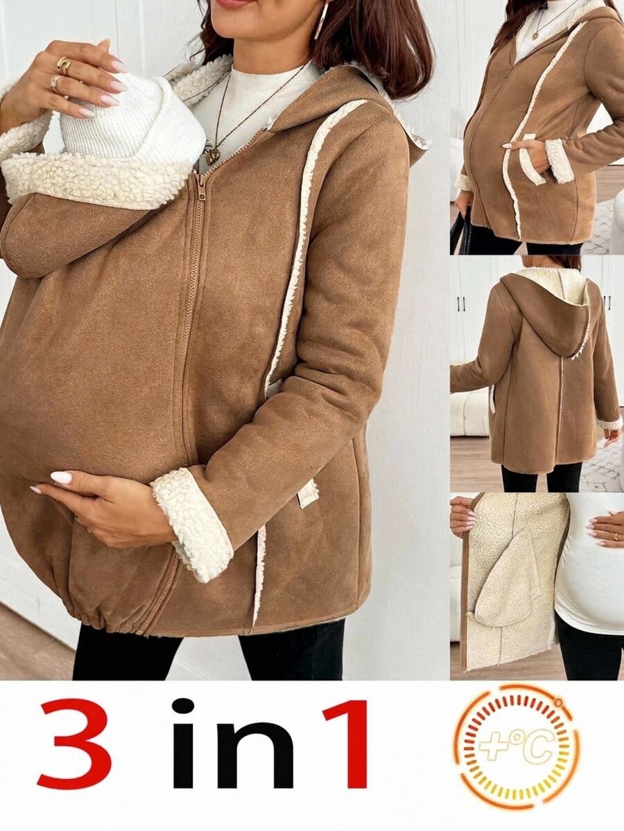 SHEIN Maternity Zipper Placket Hooded Casual 3-In-1 Jacket,Autumn And Winter Fall - Khaki - View 1