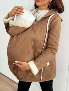 SHEIN Maternity Zipper Placket Hooded Casual 3-In-1 Jacket,Autumn And Winter Fall - Khaki - View 2