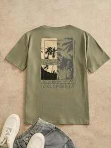 Ocevento Retro American And White Drop Shoulder T-Shirt With Print, Summer Casual Streetwear Crew Neck Graphic Tee For Men's, Men's Graphic T Shirt - Green - View 9