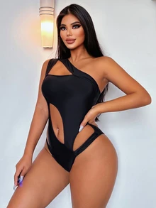 Swim SXY Summer Beach Solid Color Hollow Out Sexy One Piece Swimsuit - Black - View 5