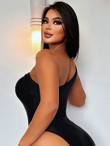 Swim SXY Summer Beach Solid Color Hollow Out Sexy One Piece Swimsuit - Black - View 2
