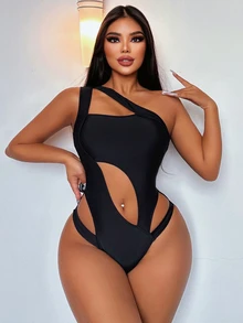 Swim SXY Summer Beach Solid Color Hollow Out Sexy One Piece Swimsuit - Black - View 1