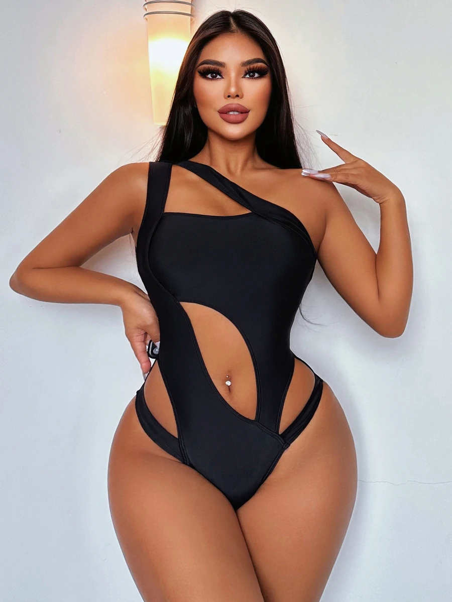 Swim SXY Summer Beach Solid Color Hollow Out Sexy One Piece Swimsuit - Black - View 1