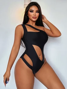 Swim SXY Summer Beach Solid Color Hollow Out Sexy One Piece Swimsuit - Black - View 4