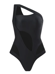 Swim SXY Summer Beach Solid Color Hollow Out Sexy One Piece Swimsuit - Black - View 6
