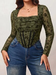 Enliva 大尺碼女款短版長袖方領T恤上衣，植絨花卉圖案收腰上衣 - 軍綠色 - 查看 5