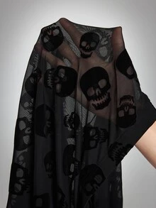 SHEIN CURVE+ 大尺碼女款骷髏印花休閒日常緊身內搭褲萬聖節 - 黑色 - 查看 9
