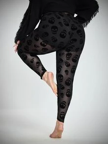 SHEIN CURVE+ 大尺碼女款骷髏印花休閒日常緊身內搭褲萬聖節 - 黑色 - 查看 3