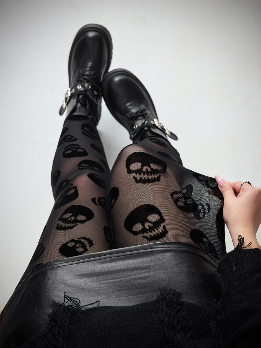SHEIN CURVE+ 大尺碼女款骷髏印花休閒日常緊身內搭褲萬聖節
