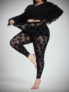 SHEIN CURVE+ 大尺碼女款骷髏印花休閒日常緊身內搭褲萬聖節 - 黑色 - 查看 8