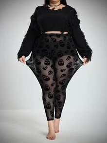 SHEIN CURVE+ 大尺碼女款骷髏印花休閒日常緊身內搭褲萬聖節 - 黑色 - 查看 6