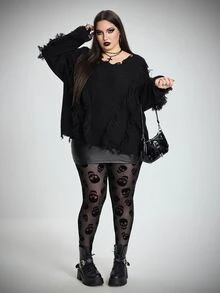 SHEIN CURVE+ 大尺碼女款骷髏印花休閒日常緊身內搭褲萬聖節 - 黑色 - 查看 5