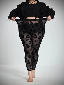 SHEIN CURVE+ 大尺碼女款骷髏印花休閒日常緊身內搭褲萬聖節 - 黑色 - 查看 7