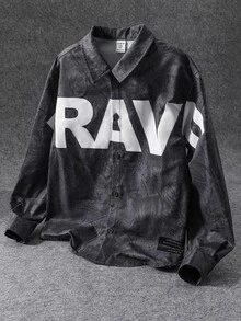 SHEIN Kids Tween Boy Casual Versatile Oversized Fit Large Letter Graphic Snow Wash Fabric Long Sleeve Collared Shacket, Y2K, Suitable For Commuting, School, Family Gatherings, Outings, Travel, Sports, Spring Summer Autumn Winter - Grey - View 2