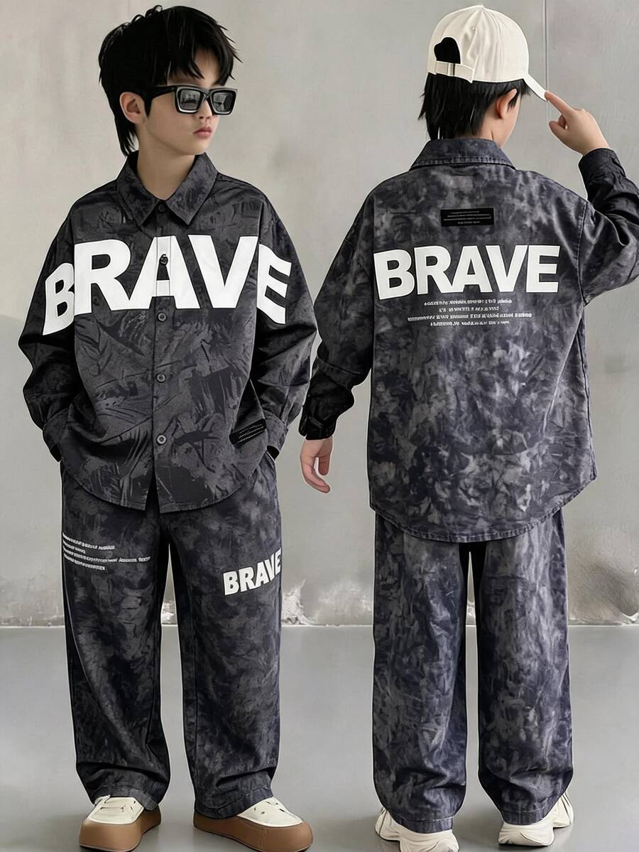SHEIN Kids Tween Boy Casual Versatile Oversized Fit Large Letter Graphic Snow Wash Fabric Long Sleeve Collared Shacket, Y2K, Suitable For Commuting, School, Family Gatherings, Outings, Travel, Sports, Spring Summer Autumn Winter - Grey - View 1