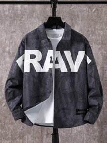 SHEIN Kids Tween Boy Casual Versatile Oversized Fit Large Letter Graphic Snow Wash Fabric Long Sleeve Collared Shacket, Y2K, Suitable For Commuting, School, Family Gatherings, Outings, Travel, Sports, Spring Summer Autumn Winter - Grey - View 4