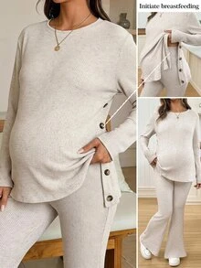 SHEIN طقم كاجوال للحوامل من قطعتين: ملابس علوية بيج بأكمام طويلة & بنطال قابل للتعديل – تتميز البلوزة بأزرار جانبية للرضاعة (خريف/شتاء) - كاكي - مشاهدة 1
