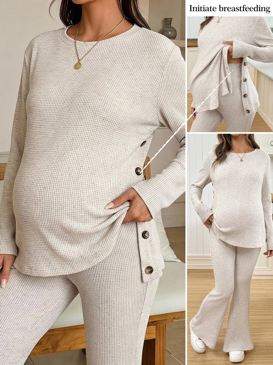SHEIN طقم كاجوال للحوامل من قطعتين: ملابس علوية بيج بأكمام طويلة & بنطال قابل للتعديل – تتميز البلوزة بأزرار جانبية للرضاعة (خريف/شتاء) - كاكي - مشاهدة 1