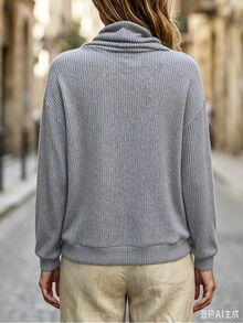 SHEIN Women's Light Grey Cowl Neck Long Sleeve Knit Top, Minimalist Slim Tee For Autumn Office Brunch Daily Casual Wear - Grey - View 2