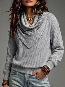 SHEIN Women's Light Grey Cowl Neck Long Sleeve Knit Top, Minimalist Slim Tee For Autumn Office Brunch Daily Casual Wear - Grey - View 4